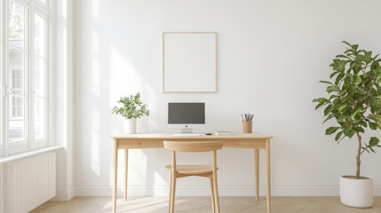 A minimalist home office featuring wooden desk, computer, and chair, surrounded by natural light and greenery. serene atmosphere promotes productivity and focus