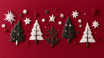 Embroidered Christmas decorations featuring white and green trees, stars, and festive elements on red background create joyful holiday atmosphere