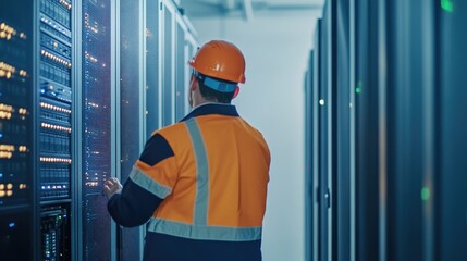 Technician inspecting equipment in a data center server room focusing on information technology operations