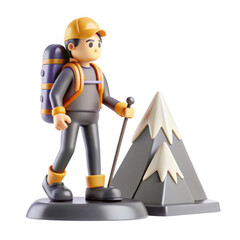 A stylized hiking character figurine with a backpack and hiking pole next to a mountain model, showcasing adventure and outdoor themes.