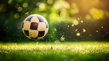 Fototapeta premium A soccer ball in mid-air, with a blurred green grassy field and a bokeh background.