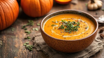 A comforting bowl of pumpkin soup garnished with fresh herbs on a rustic table setting