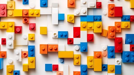 2410 50.A playful composition of building blocks arranged into a colorful wall on a white background. The bright hues and varied block shapes create an engaging and visually appealing banner that
