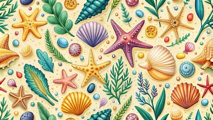 Fototapeta premium Colorful Hand Drawn Seashells, Starfish, Stones, and Sea Plants on Light Yellow Background for Summer Fabric, Swimwear, and Wrapping Paper Design