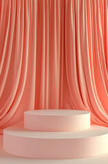 Bold and Inviting 3D Rendered Podium with Soft Coral Curtains for a Vibrant Display