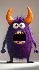 Naklejka premium A playful purple monster with orange horns and big eyes, expressing surprise.