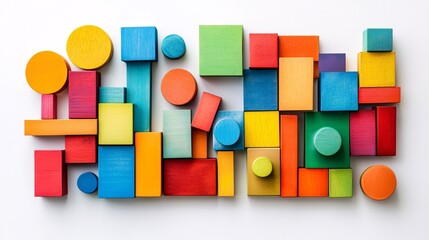 2410 50.A playful composition of building blocks arranged into a colorful wall on a white background. The bright hues and varied block shapes create an engaging and visually appealing banner that