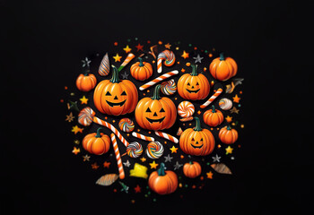A cluster of smiling jack-o'-lantern pumpkins surrounded by candy, leaves, and stars against a black background.