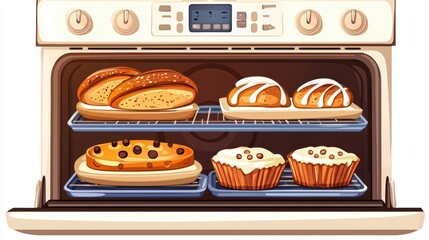 Open Electric Oven with Delicious Baked Goods