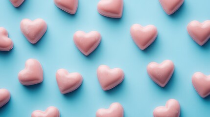 Obraz premium Pink heart shaped candies on a blue backdrop perfect for birthday and Valentine s Day greetings conveying love and positive emotions flat lay arrangement