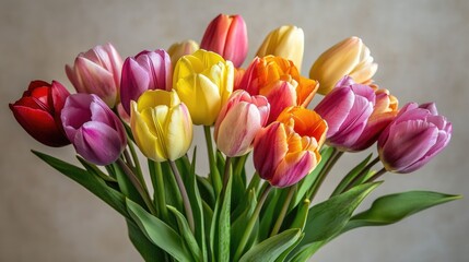 Naklejka premium Colorful bouquet of fresh tulips arranged against a softly lit background