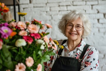 Fototapeta premium Senior woman florist wearing glasses.