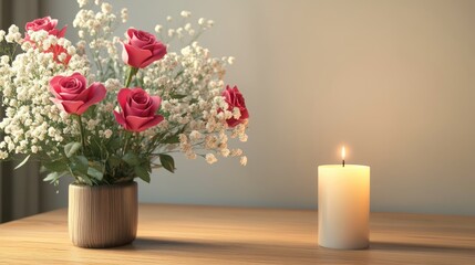 Fototapeta premium Roses gypsophila and a candle arranged on a table with a wall backdrop A romantic mockup template featuring an elegant minimalist design