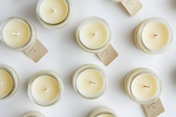 Flat lay of minimalist homemade soy candles arranged neatly, showcasing their creamy colors and simple design on a clean surface