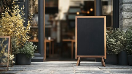 Empty restaurant sign or menu boards located at the entrance Cafe menu displayed outdoors Freestanding blackboard sign mockup outside a dining establishment