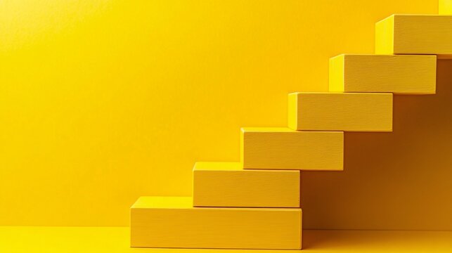 2410 51.A stack of yellow wooden blocks arranged in a staircase pattern on a vibrant yellow background, symbolizing the step-by-step progress towards business success. The uniform color palette and