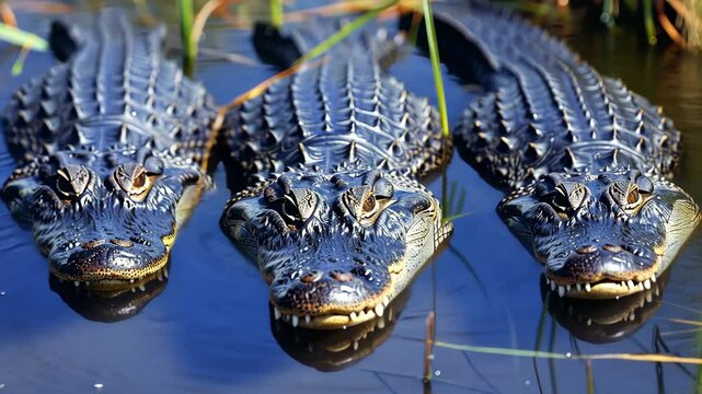 Three alligators basking in calm water at a wetlands area
