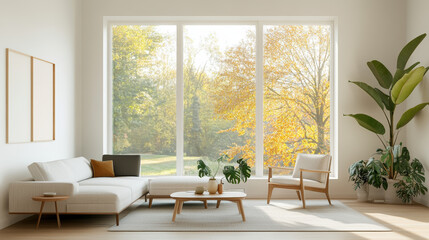A bright and airy living room features modern sofa, wooden coffee table, and large windows showcasing vibrant autumn landscape. space is inviting and serene, perfect for relaxation