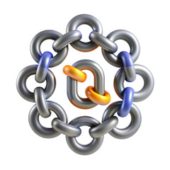 Obraz premium A vibrant 3D render showcasing interlinked rings in a circular formation, featuring metallic hues and a modern design for artistic representation.