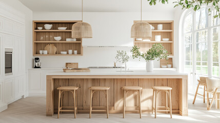 Fototapeta premium A modern kitchen featuring wooden shelves, spacious island, and stylish pendant lights. bright space is adorned with plants and minimalist decor, creating warm and inviting atmosphere