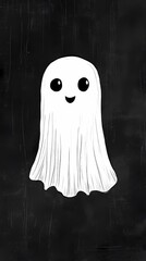 Cute cartoon ghost with a cheerful expression on a dark background.
