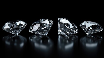 Cut diamonds displayed against a dark backdrop featuring reflections on the surface to enhance their brilliance