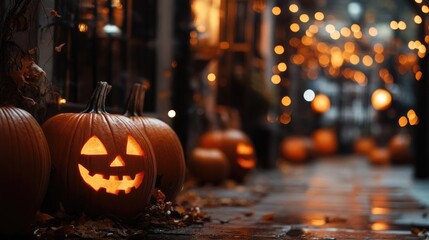 Obraz premium Halloween backdrop featuring multiple pumpkins against a dark eerie setting