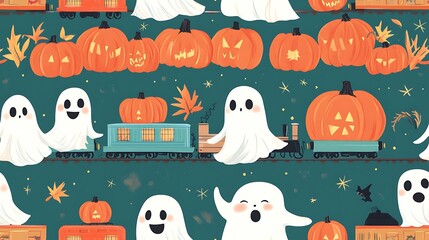 Fun Cartoon Ghosts on Toy Trains with Pumpkins