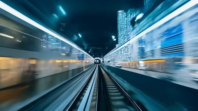 A train rushes along the subway tracks against the backdrop of a night city.