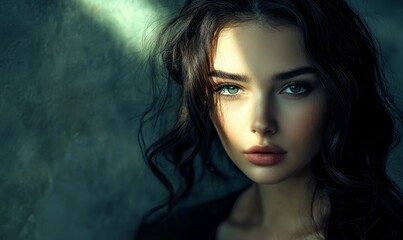 Woman with long hair and green eyes.