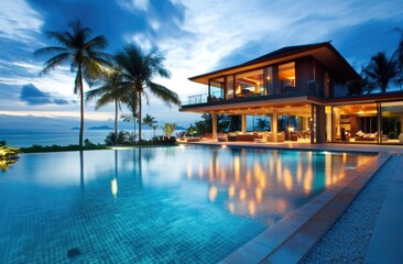 Fototapeta premium Modern house with swimming pool in Phuket, Thailand. A luxurious two-story villa on the island