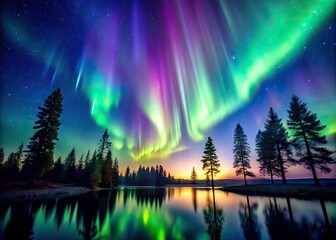 Naklejka premium Captivating Northern Lights Aurora Borealis Over a Dark Night Sky - Majestic Colors, Stars, and Natural Phenomenon in Scenic Landscape Photography