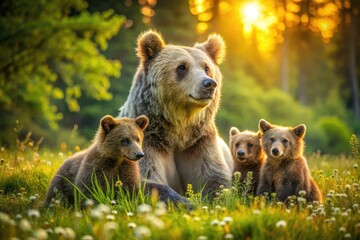 Fototapeta premium Charming Bear Family in Lush Green Grass - Nature Photography, Wildlife, Family Bonding, Animal Behavior, Natural Habitat, Outdoor Adventure