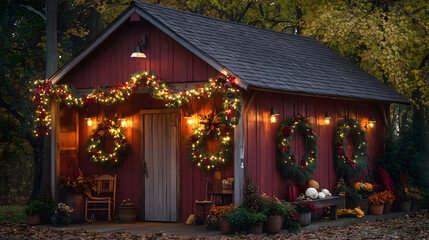 A festive harvest storage shed decorated with Thanksgiving wreaths and lights, creating a warm atmosphere for visitors.