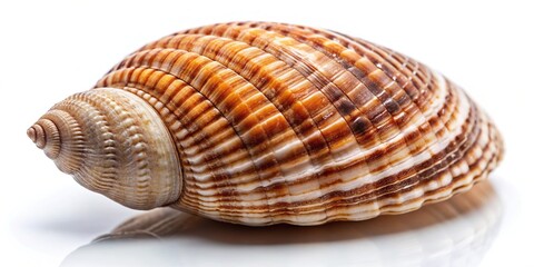 Fototapeta premium seashell on white surface with rough texture and brown stripes