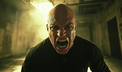Angry bald man shouting in dark room.