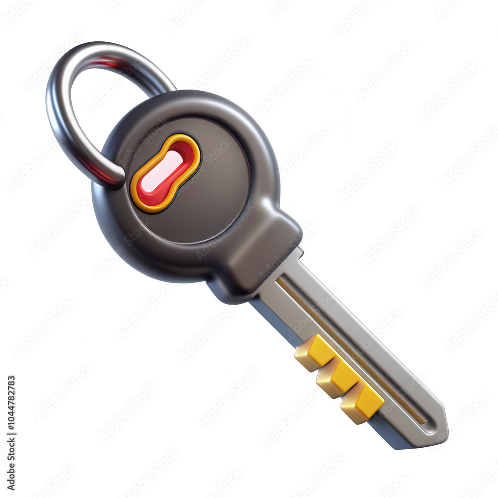 Poster a detailed 3d rendered model of a key, featuring a metallic finish and a distinctive red and yellow 