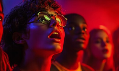 Obraz premium Young woman in glasses with open mouth and red lighting.