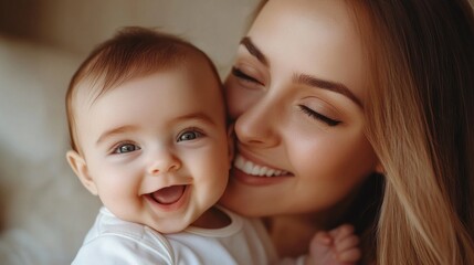 A woman is holding a baby and smiling