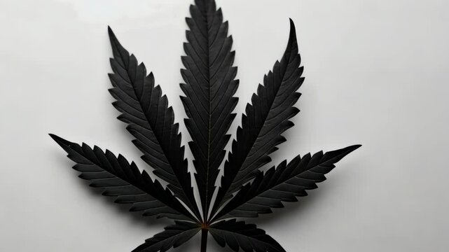 A single black cannabis leaf rests on a white surface