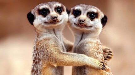 Two baby meerkats are hugging each other