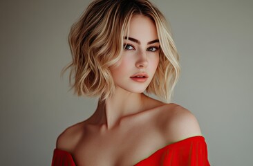 Naklejka premium Portrait of a beautiful blonde woman with short, wavy hair wearing a red dress on an isolated background, with space for text.