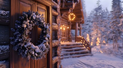 Obraz premium A cozy winter cabin adorned with a snow-covered wreath and festive lights.