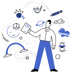 Business innovation vector illustration. Intelligence is alchemist turning base metal ideas into gold business success Progress is architect, blueprinting structure solutions in studio business growth