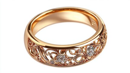 Elegant yellow gold ring with filigree design and a sparkling diamond, 3D rendering isolated on white background, perfect for high-end jewelry promotions