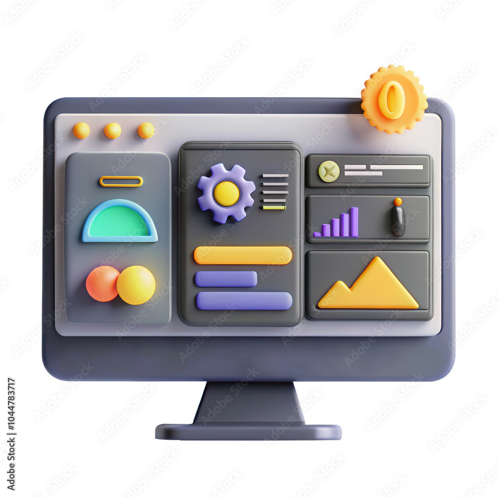 Poster A colorful 3D representation of a computer dashboard featuring various icons and widgets for analytics. Perfect for tech visualizations.