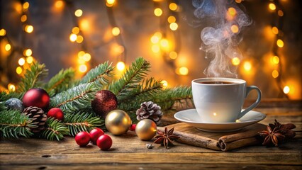 Cozy Night Photography of a Cup of Coffee with Christmas Decorations and Twinkling Lights for Holiday Vibes, Warm Atmosphere, and Seasonal Cheer