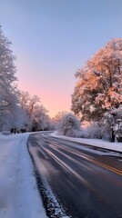 Obraz premium A snowy road with trees covered in snow along the sides, an empty asphalt highway, and trees on both sides at sunrise