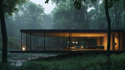 Fototapeta premium Modern Glass House in a Forest Architectural Design