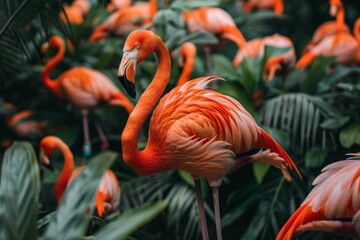 Pink flamingo is standing in a tropical forest with other flamingos blurred in the background